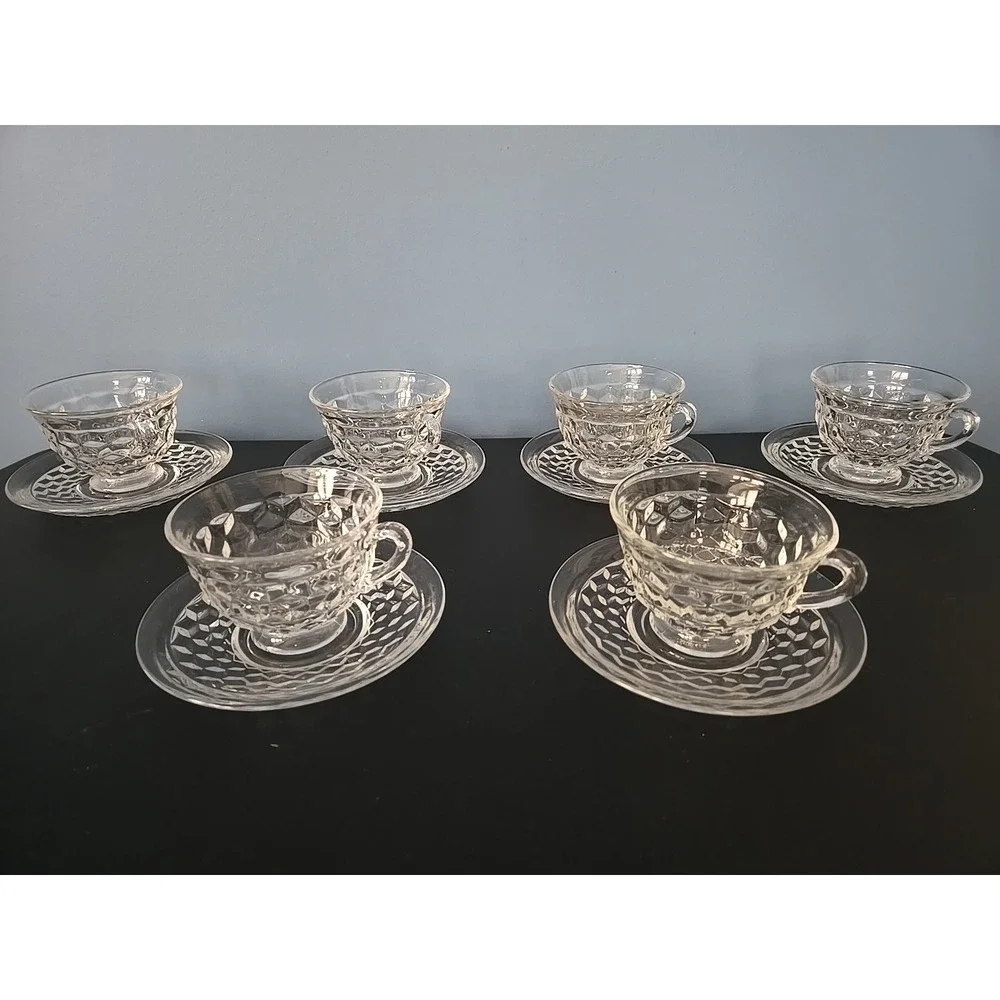 American Fostoria‎ Whitehall Clear Cube Elegant Flared Glass 1 Cup 1 Saucer Set